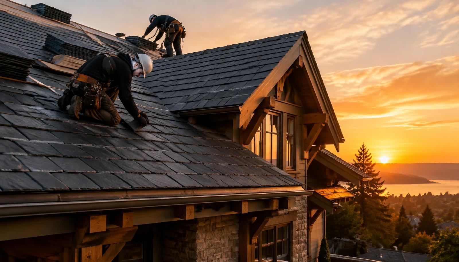 Roofing crew installing shingles on a home